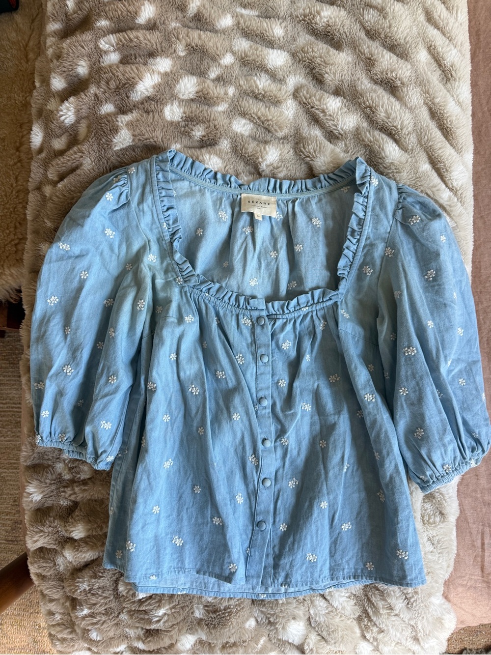 Sezane Kelia Blouse Light Denim Chambray - Size 6 - Picture 4 of 5